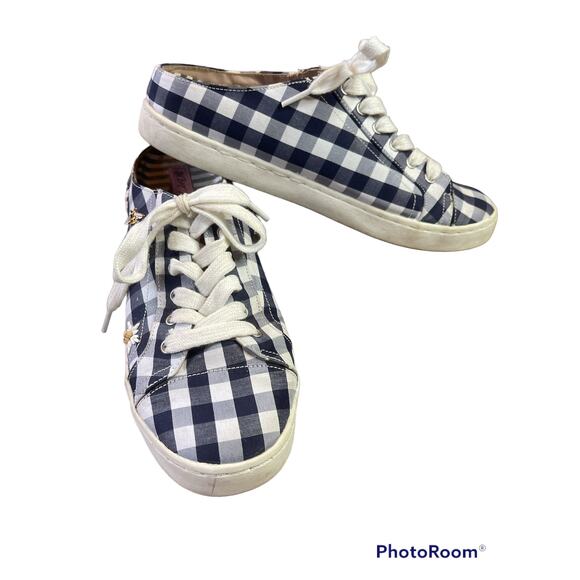 Betsey Johnson Gingham Blue White Slip On Mules Embroider Honey Bee Size 8.5 - Picture 1 of 7